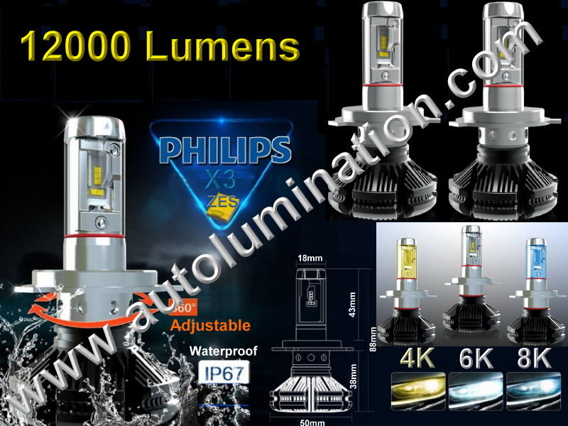9005 P20d HB3A 6000K Super White LED 6400 lumens 5th Generation X3 XES Phillips High Powered Headlight Bulb
